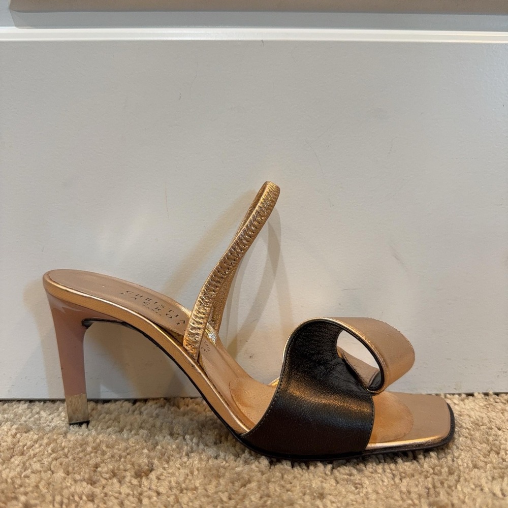 Christian Lacroix Shoes Womens Size 5 Gold Black Mule Open Toe Heels Italy